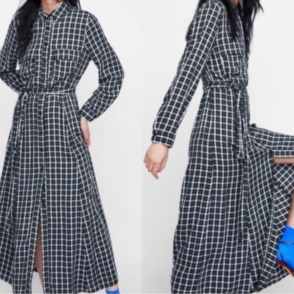 Zara Dark Green Checkered Long Sleeve Shirt Dress size Large - Picture 8 of 13